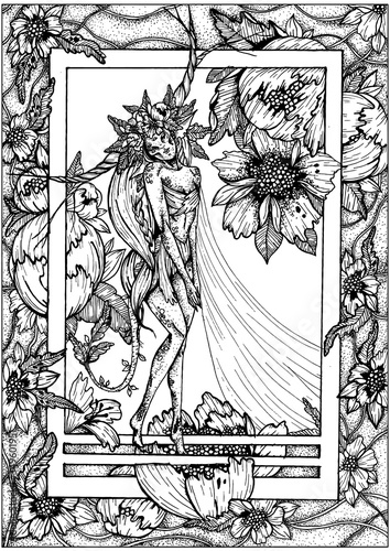 Cute, kind, fairytale forest fairy with large horns and a flower wreath on her head, with long luxuriant hair, three eyes and a long thin tail, stands in full growth in around by beautiful flowers.
