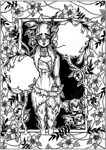 Cute magic nymph with sad look and pointed ears, with petals and horn on a head, stand in loincloth with thorns on legs nearby with large flower balls and two kind baby monsters in surround by plants.