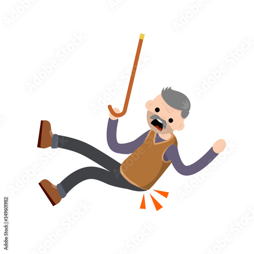 Old Man falls to ground. Sore spot and back pain. Grandfather failure and injury. Cartoon flat illustration. Senior with wand slipped. Health problem