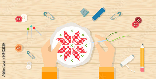 Set of tools for needlework and hoop with embroidery in hands vector icon flat isolated.