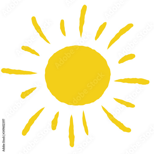 Hand-drawn sun. Element of summer and nature. Yellow warm object. Heat and hot. Cartoon illustration. Children's drawing