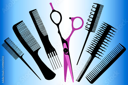 Scissors and comb for hair. Set.  Looped bristle brush, paddle brush, rattail comb. Vector illustration.