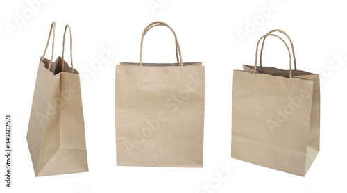 Brown recycled paper shopping bag set isolated on white background, clipping path included