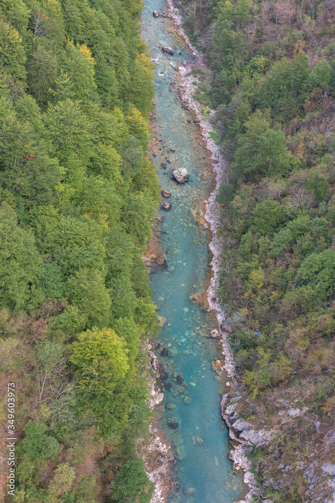 Tara river  from Djurdjevica Tara Bridge in Montenegro. Close up, top view.Landscape, travel concept