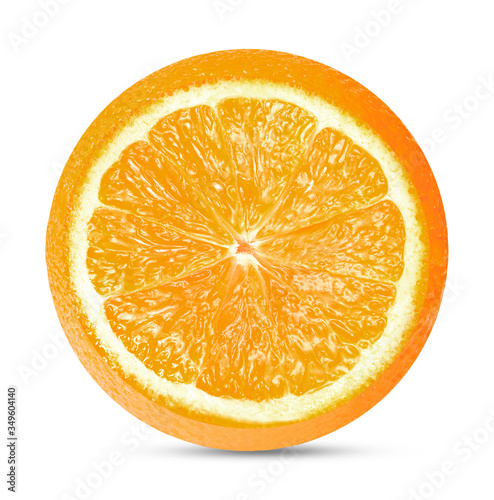Slice of orange on a white isolated background. Clipping path. Design element for print and web.