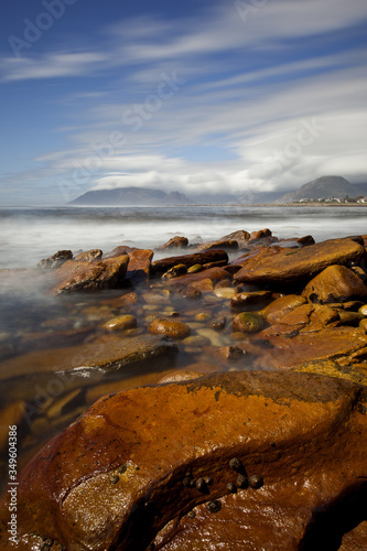 long exposure seascape with rocks and milky sea