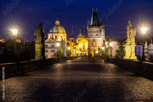 View from the Charles bridge to the Old Town (Stare mesto) in the evening, Czechia