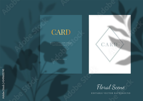 Elegant cards mockup with floral overlay shadows. Editable empty stationery card vector scene with flowers background
