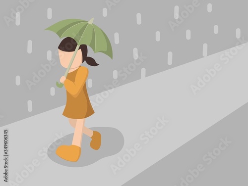 A girl holds umbrella with raining background