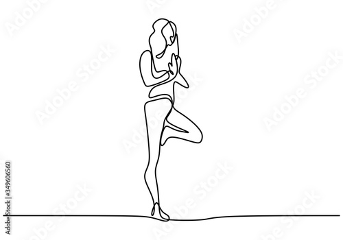 One line drawing of people doing yoga exercise vector illustration minimalism style. Happy people doing yoga for meditation. Vector illustration minimalism sport theme design.