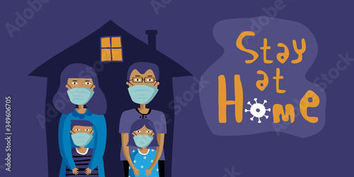 Coronavirus COVID-19. A family using mask to prevent corona. Stay at home. to cut off the spread of the virus. Covid-19 Coronavirus concept. Danger virus vector illustration.