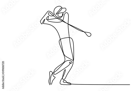 A man in a cap plays golf. Young happy golf player swing the golf club to hit the ball. Hobby sport concept. Modern continuous line draw design for golf tournament poster