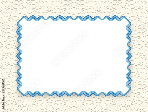 Rectangle frame with wavy border pattern on ornamental beige background. Cutout paper wedding invitation or greeting card template. 