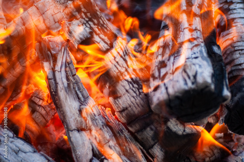 Flaming bright charcoal close-up for background.