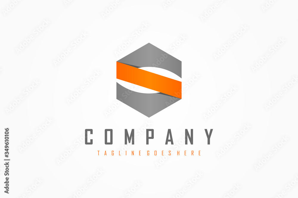 Fototapeta premium Geometric Initial Letter S Logo. Grey Orange Hexagonal Military Shield isolated on White Background. Usable for Business, Building and Technology Logos. Flat Vector Logo Design Template Element.