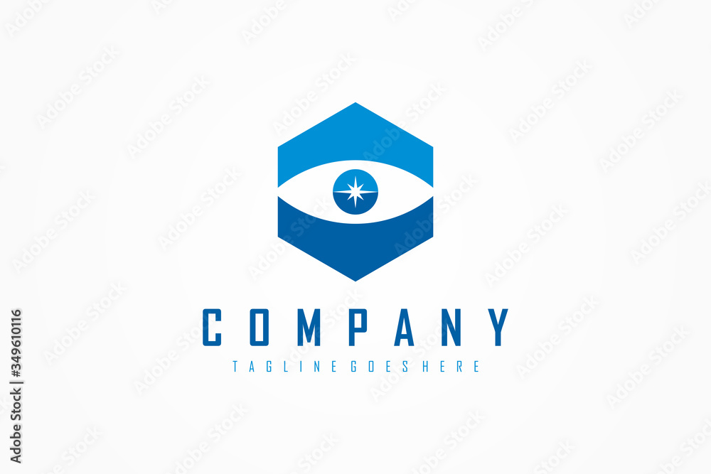 Protection Security Logo. Blue Hexagonal Military Shield with Eye Negative Space inside and Star Sparkle Eyeball isolated on White Background. Flat Vector Logo Design Template Element. Protection Security Logo. Blue Hexagonal Military Shield with Eye Negative Space inside and Star Sparkle Eyeball isolated on White Background. Flat Vector Logo Design Template Element.