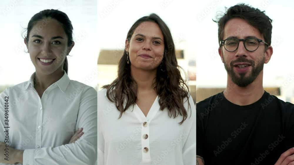 Cheerful attractive young men and woman in casual, smiling, laughing, speaking, looking at camera. Multiscreen montage, collage portraits. Front view. People concept