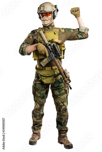 US marine corps soldier with rifle. Shot in studio. isolated with clipping on white background.