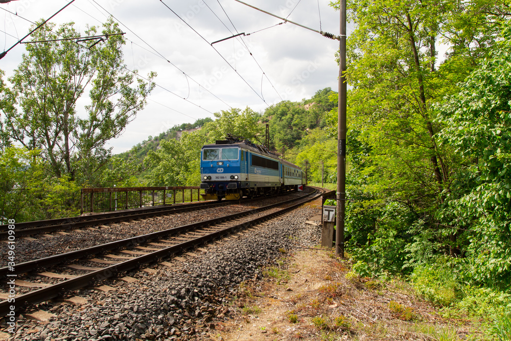 
the train passes through the Czech countryside in the woods on the tracks are stones