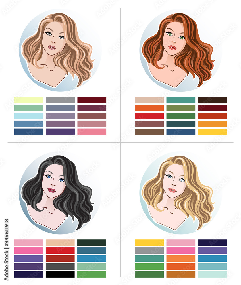 Vecteur Stock Color type of appearance of women. With a palette of colors  suitable for their type of appearance. 4 classic types in the seasons:  summer, autumn, winter, spring. | Adobe Stock