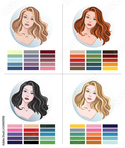 Color type of appearance of women. With a palette of colors suitable for their type of appearance. 4 classic types in the seasons: summer, autumn, winter, spring.