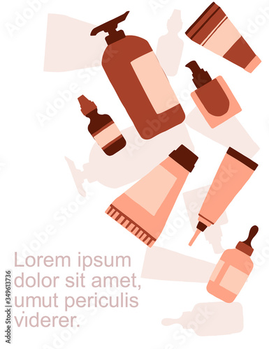 Advertising flyer or greetings card design with icons natural organic cosmetics in plastic packages flat vector illustration on white background