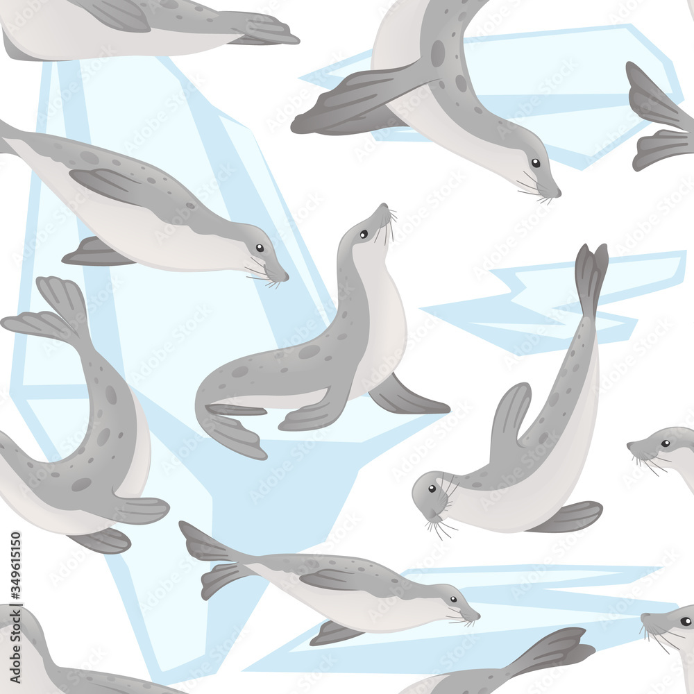 Fototapeta premium Seamless pattern of cute seal cartoon animal design flat vector illustration on white background with iceberg