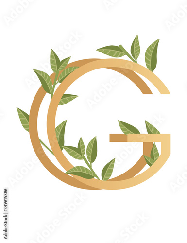 Letter G with gradient style beige color covered with green leaves eco font flat vector illustration isolated on white background