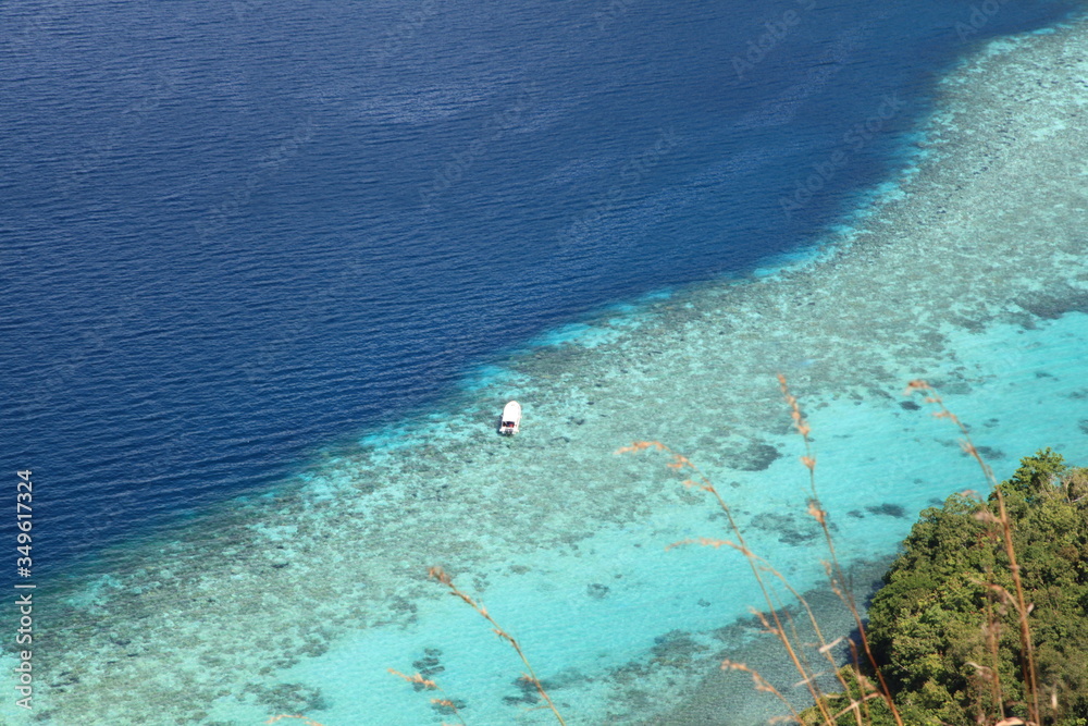 Obraz premium coral reef and sea view of the sea from the mountain in malaysia sabah, with two color meet at a point, navy and blue, peaceful ocean, amazing nature, blue sky and green mountain 