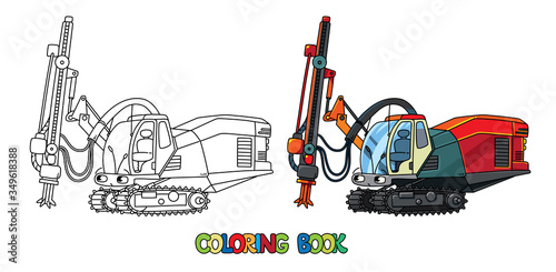 Big drilling truck. Car with eyes. Coloring book