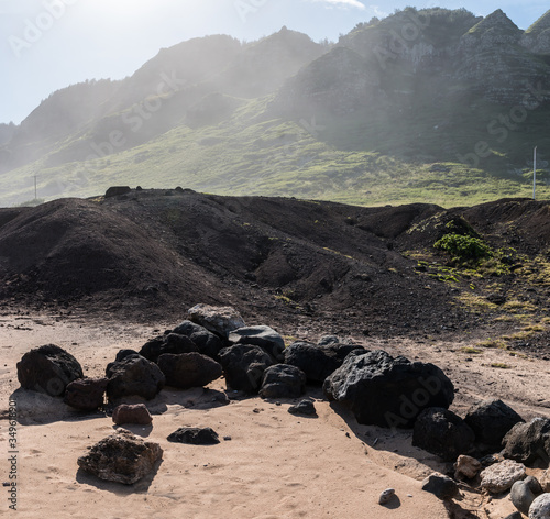 Mokuleia Rock Beach and The Kauhao Pali Cliffs, Kaena Point State Park, Oahu, Hawaii,USA photo