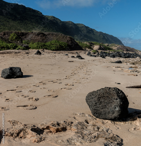 Mokuleia Rock Beach and The Kauhao Pali Cliffs, Kaena Point State Park, Oahu, Hawaii,USA photo