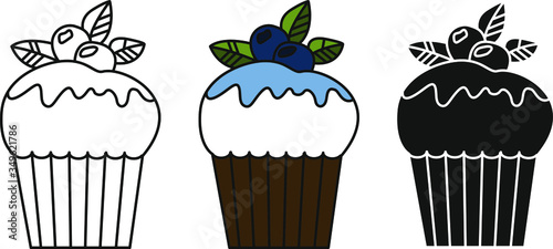 Set of vector cupcakes isolated on white background. Outline, silhouette and colored cupcake. Food design elements for the menu, bakery logo, web, postcards.