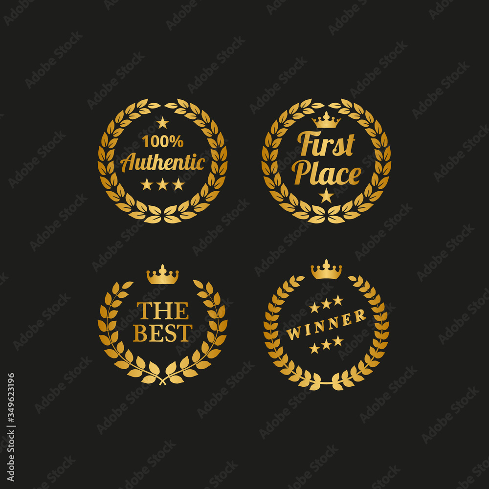 Naklejka premium Set of golden laurel wreaths on black background.