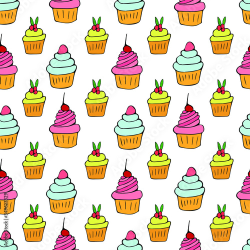 Various cakes on a white background seamless pattern. Hand drawing. For fabric  printing  design  website  cover.