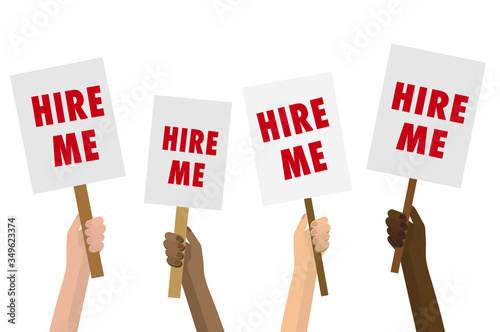 Hands holding 'HIRE ME' signs