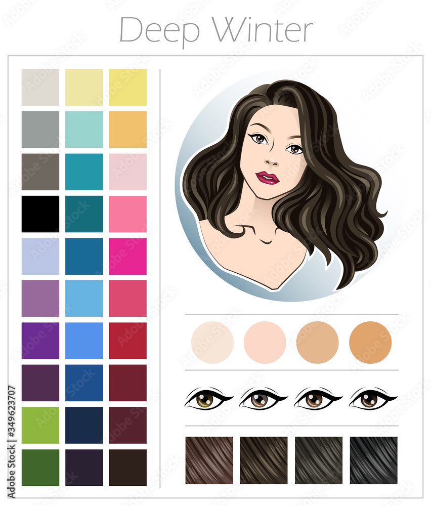 Deep winter. Color type of appearance of women. With a palette of colors  suitable for this type of appearance. Stock Vector | Adobe Stock