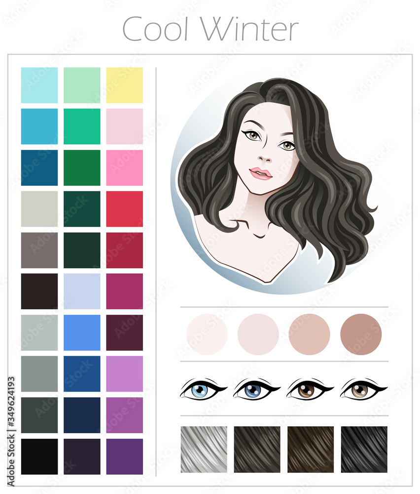 Cool winter. Color type of appearance of women. With a palette of