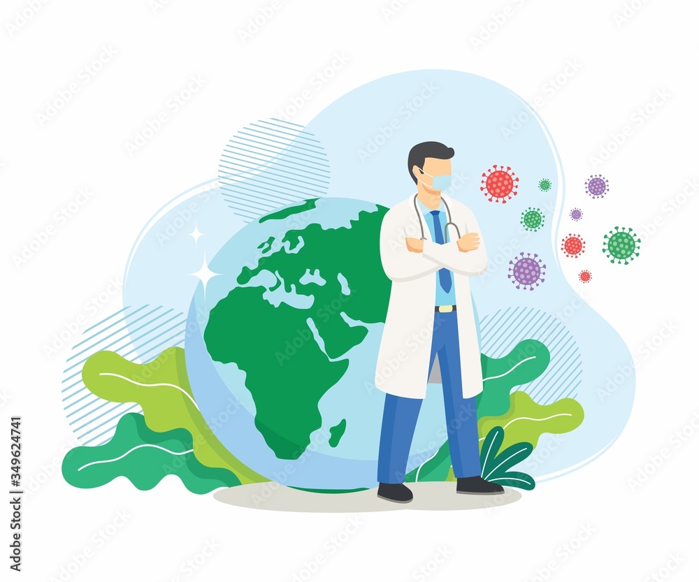 Doctor Protect the earth from coronavirus epidemic. Rescue the earth from covid 19 virus. Earth save by doctor. Doctor fighting coronavirus concept. Vector Illustration.
