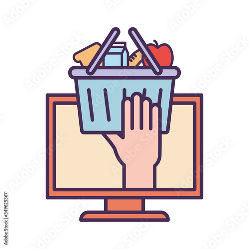 computer with shopping basket line and fill style icon vector design photo