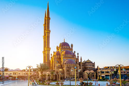 Beautiful Al Mustafa Mosque in Old Town of Sharm El Sheikh in Egypt, at sunset photo