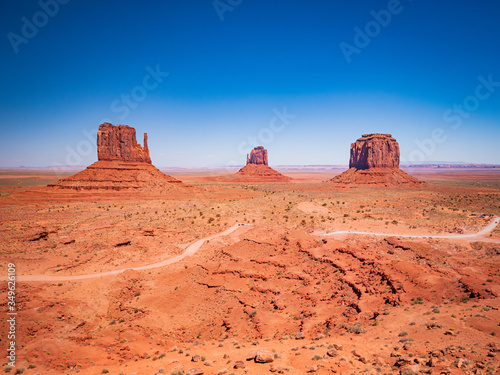 Monument Valley from visitor center  region of Colorado Plateau characterized by cluster of vast sandstone buttes  Arizona Utah border.