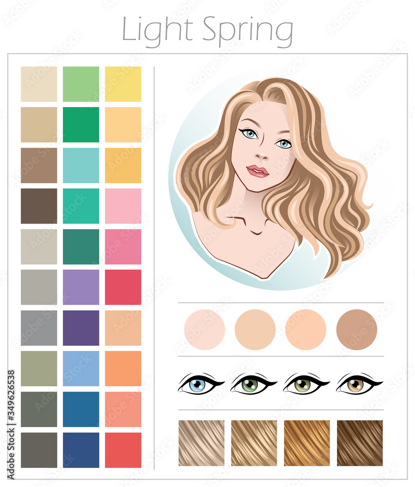 Light Spring. Color type of appearance of women. With a palette of colors  suitable for this type of appearance. Stock Vector | Adobe Stock