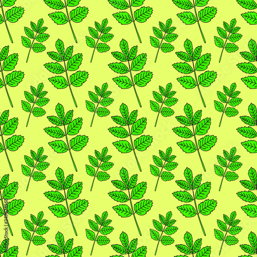 Green leaves on a yellow background seamless pattern.  For paper   print   wallpaper   fabric   site   design. 