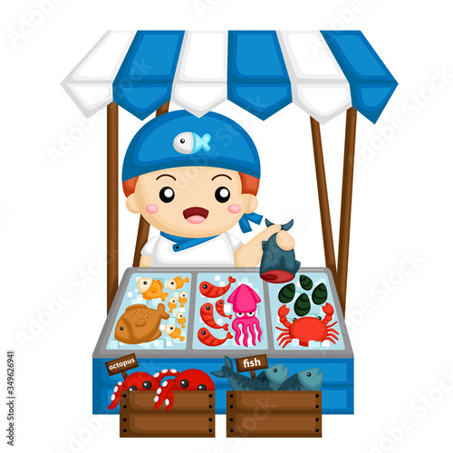 a man selling fish at one of the fish market stand