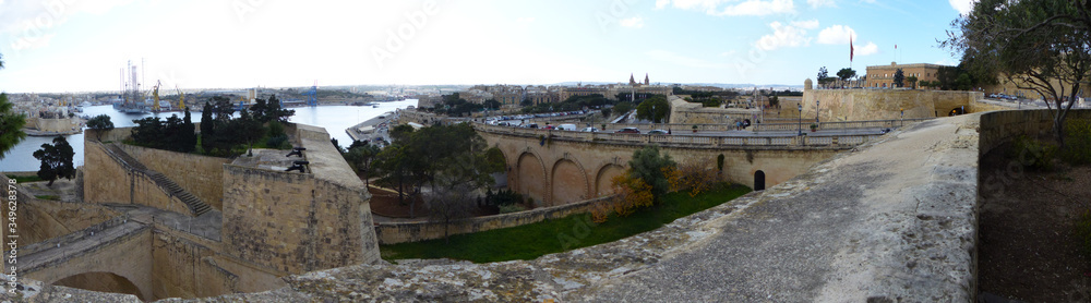 Panoramic view of the fortified city of Valletta and its harbours. Valletta, Malta.