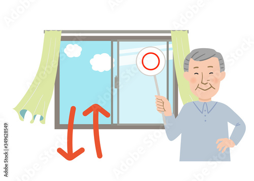 丸ばつクイズの札を持ったおじいちゃんと窓を開けて換気するとカーテンが揺れるベクターイラスト