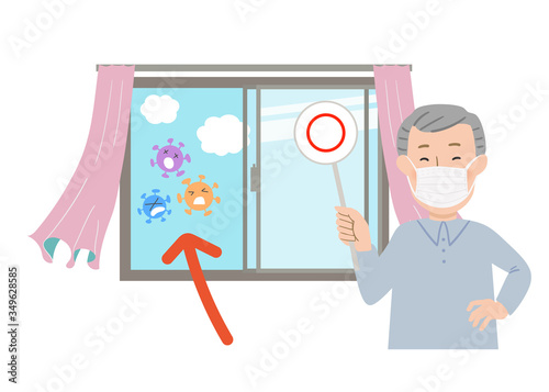 丸の札を持ってマスクをするおじいちゃんと窓を開けて換気するベクターイラスト