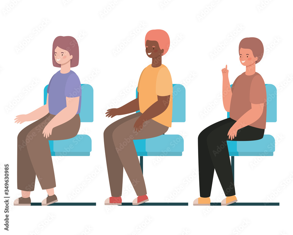 Obraz premium happy men and woman cartoons sitting on seats vector design