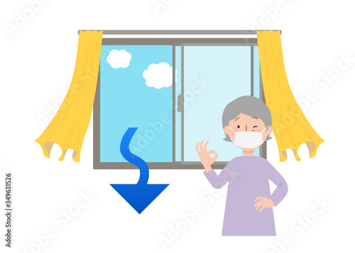 マスクをしたおばあちゃんと窓を開けて換気するベクターイラスト